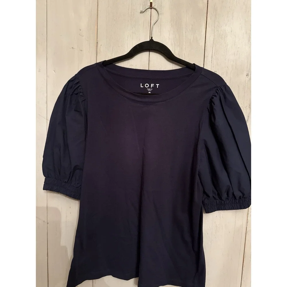 LOFT Top Blouse Mixed Media Navy Blue Puff Sleeve Knit Cotton‎ Cottagecore Sz-M